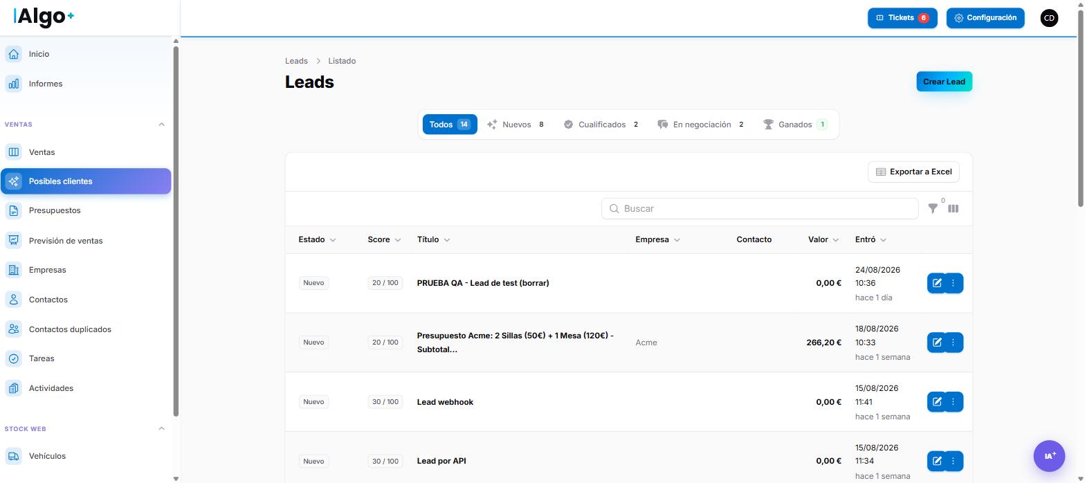 Listado de leads en IAlgo+